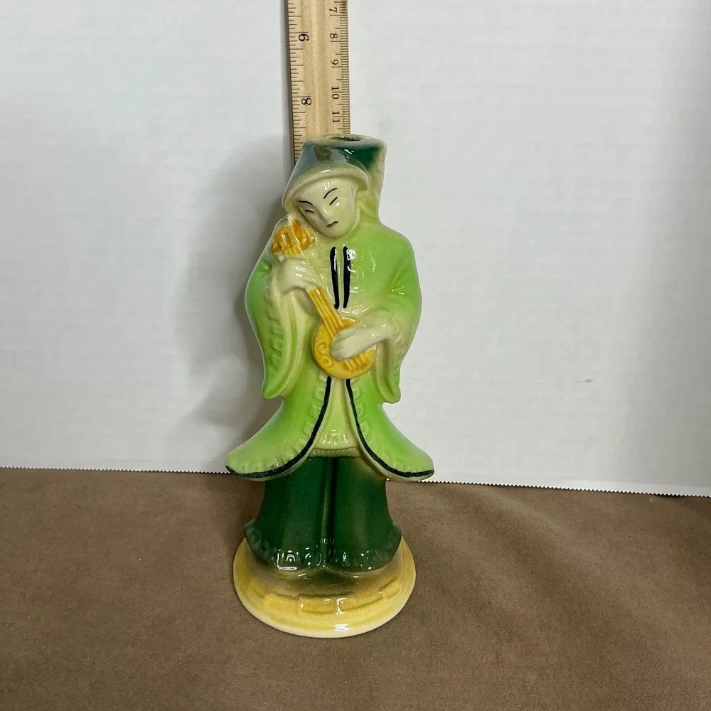 Ceramic Woman Lute Figurine Green Robe Asian Mystical Musician Statue‎ 8.5